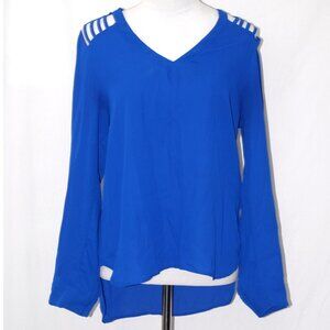 Roll Tab Sleeves Peekaboo Shoulders Blouse Lily White Large Royal Blue Top Vneck